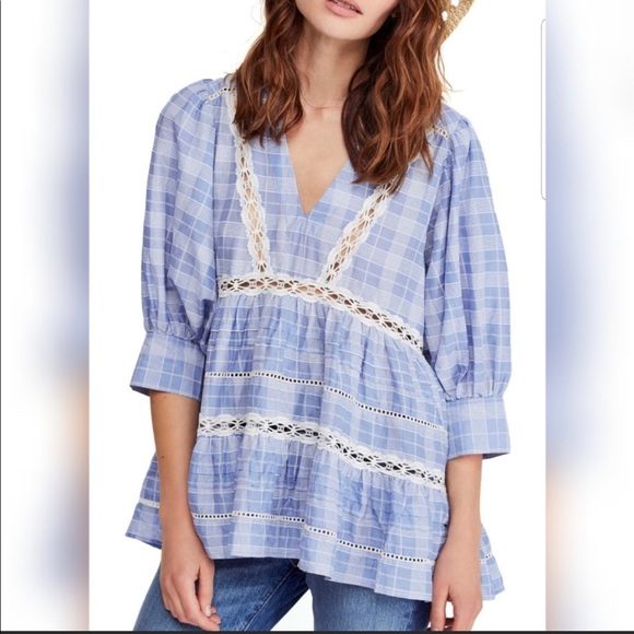 NWOT Free People Time out Lace tunic plaid blouse - Picture 1 of 7
